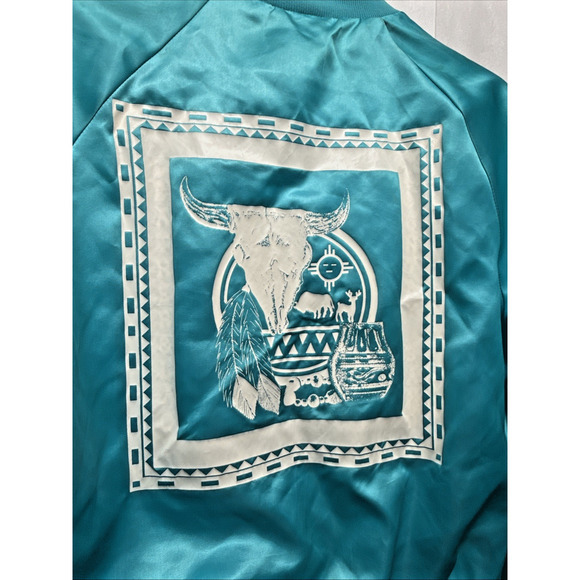 Vintage Turquoise Satin Jacket West Ark Southwestern Native Bar Lights Prod READ - Picture 11 of 14